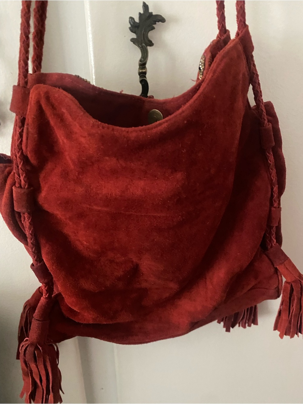 Anthropologie Red Suede Embroidered Fringe Shoulder Bag - Picture 7 of 10